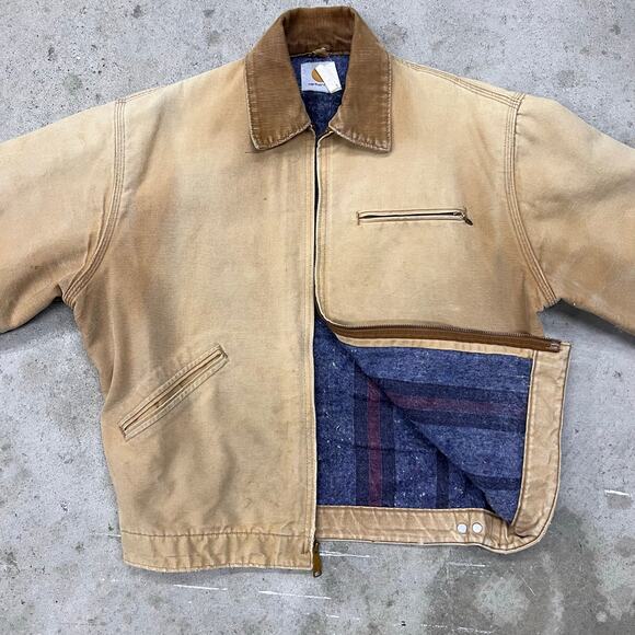 Vintage 80s Union Made Carhartt Detroit Blanket Lined Jacket Workwear 6BLJ Tan - Picture 2 of 16